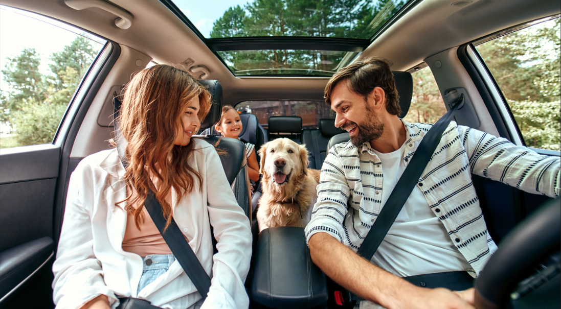 Familia en coche con perro.