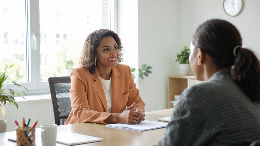 Dos mujeres discutiendo asuntos de negocios frente a un escritorio