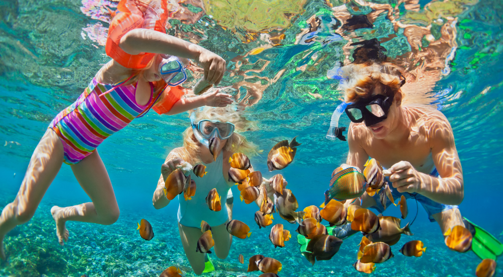 Familia nadando bajo el agua con peces.