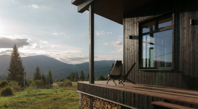mountain cabin at sunset