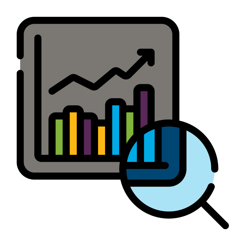 icon of bar chart with a magnifying glass on the lower right corner